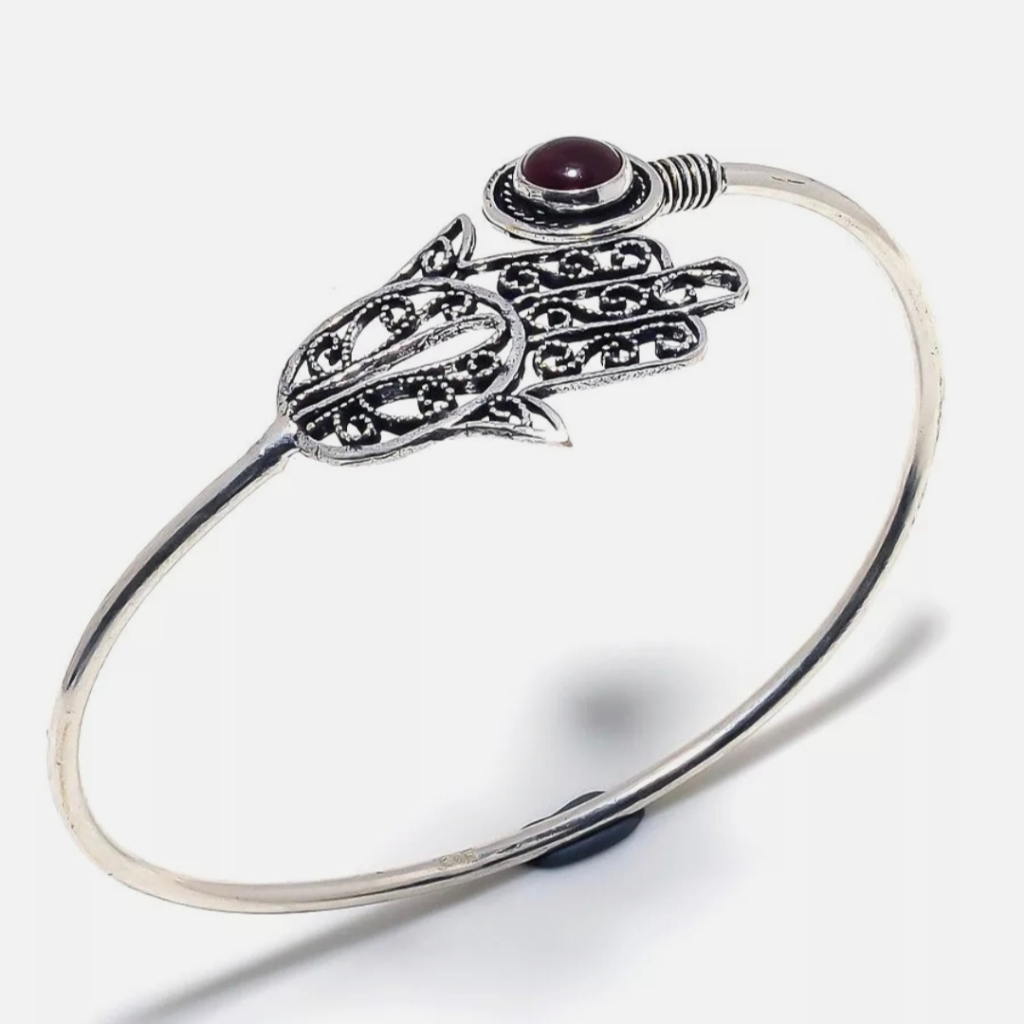 New Garnet Silver Hamsa Hand Adjustable Cuff Bracelet 12$
